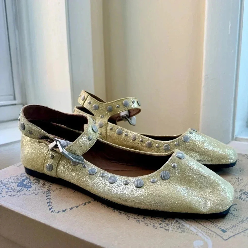 New Free People Mystic Mary Jane Flats Studded Yellow 7 - Picture 6 of 15
